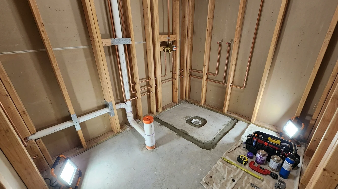 Bathroom rough-in plumbing during remodel by Johns Plumbing LLC in Sidney