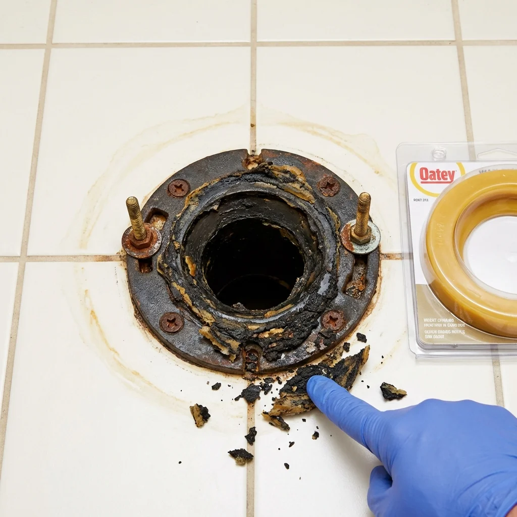 Failed wax ring showing water seepage at the base of a toilet in a Sidney, IA home