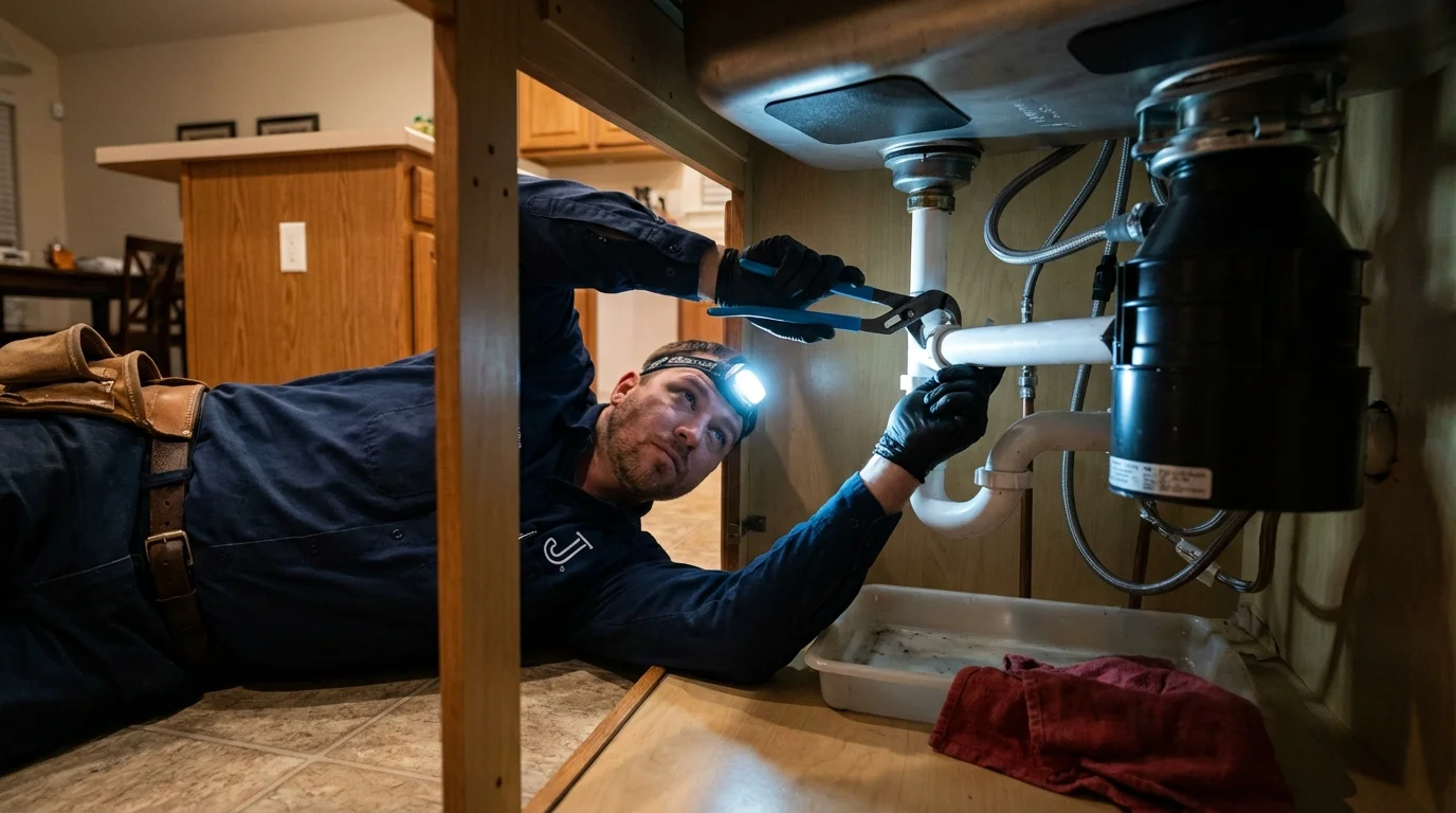 P-trap and supply line connections under a kitchen sink showing a common leak point in Sidney, IA